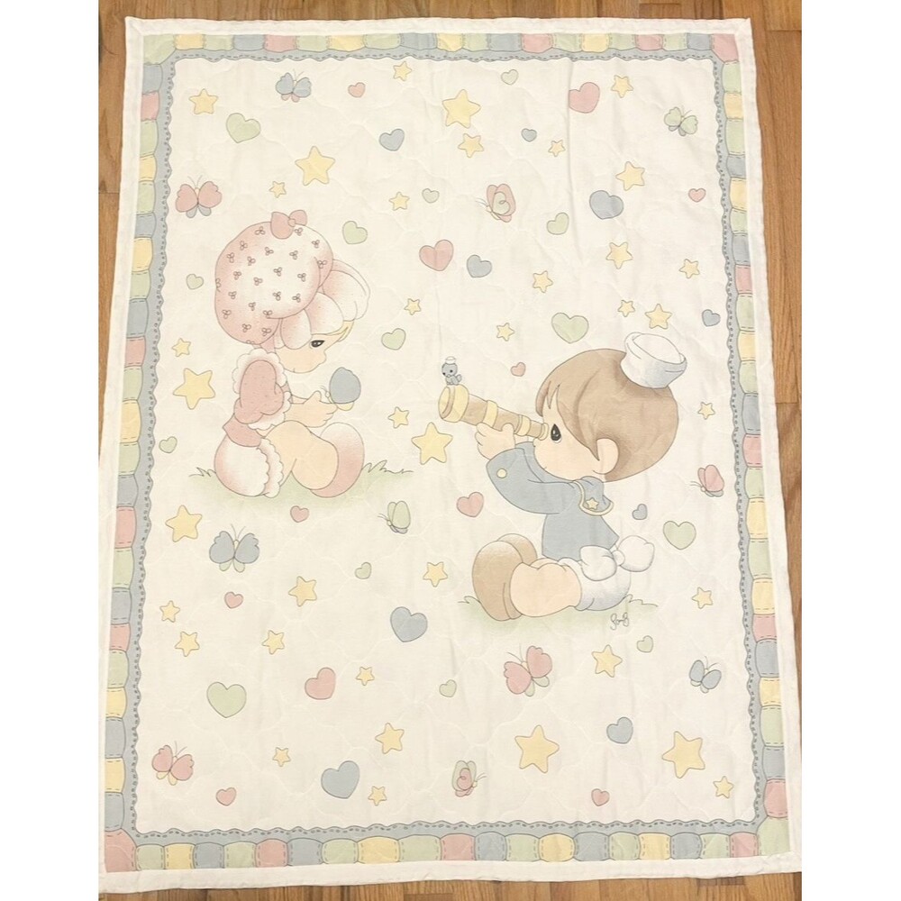 Vintage Precious Moments Baby Crib Blanket 33" x 43" Boy Girl Hearts Stars